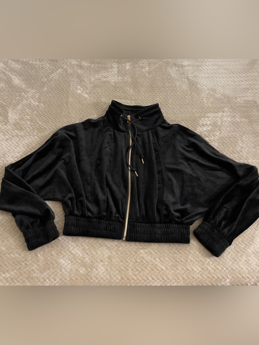 Black Velvet Cropped Zip Jacket with High Collar